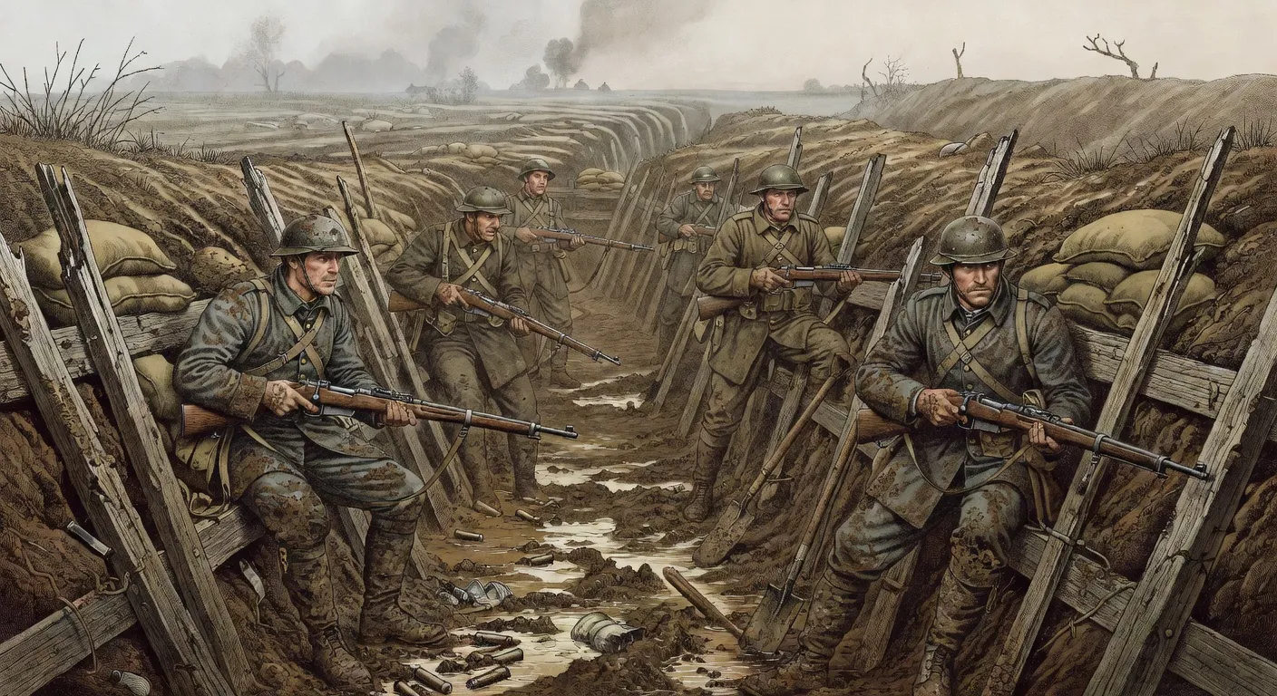 Soldats francais dans les tranchees avec leur equipement durant la Premiere Guerre mondiale