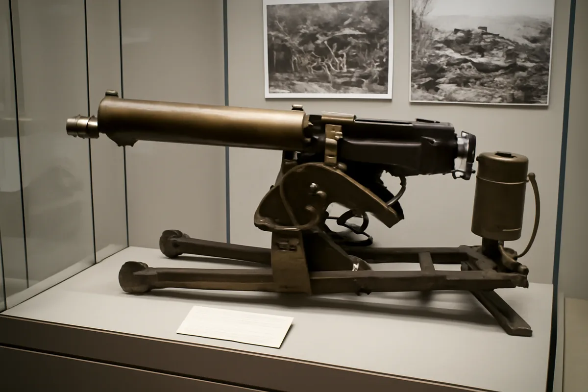 Mitrailleuse lourde refroidie par eau de la Première Guerre mondiale exposée en vitrine de musée