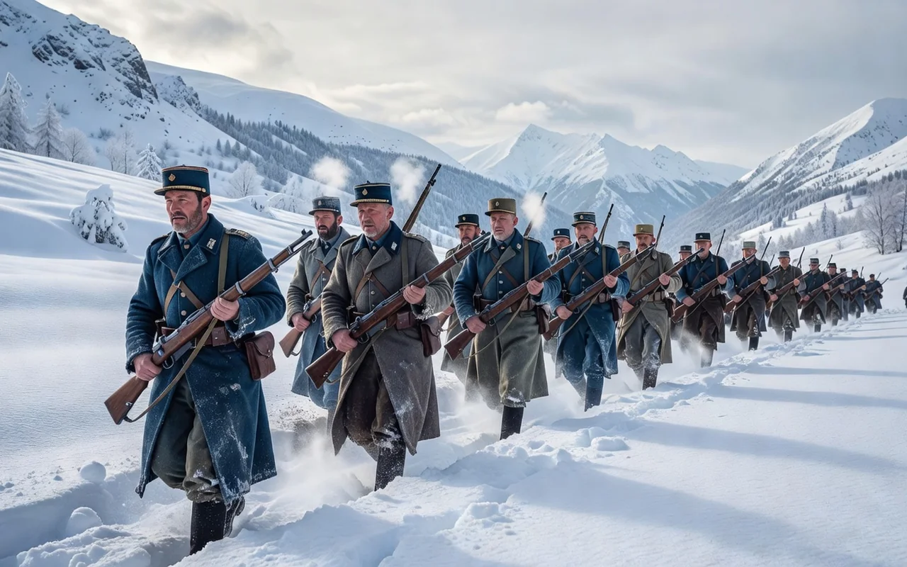 Groupe de reconstituteurs en uniforme de 1871 marchant dans la neige sur un col du Haut-Doubs