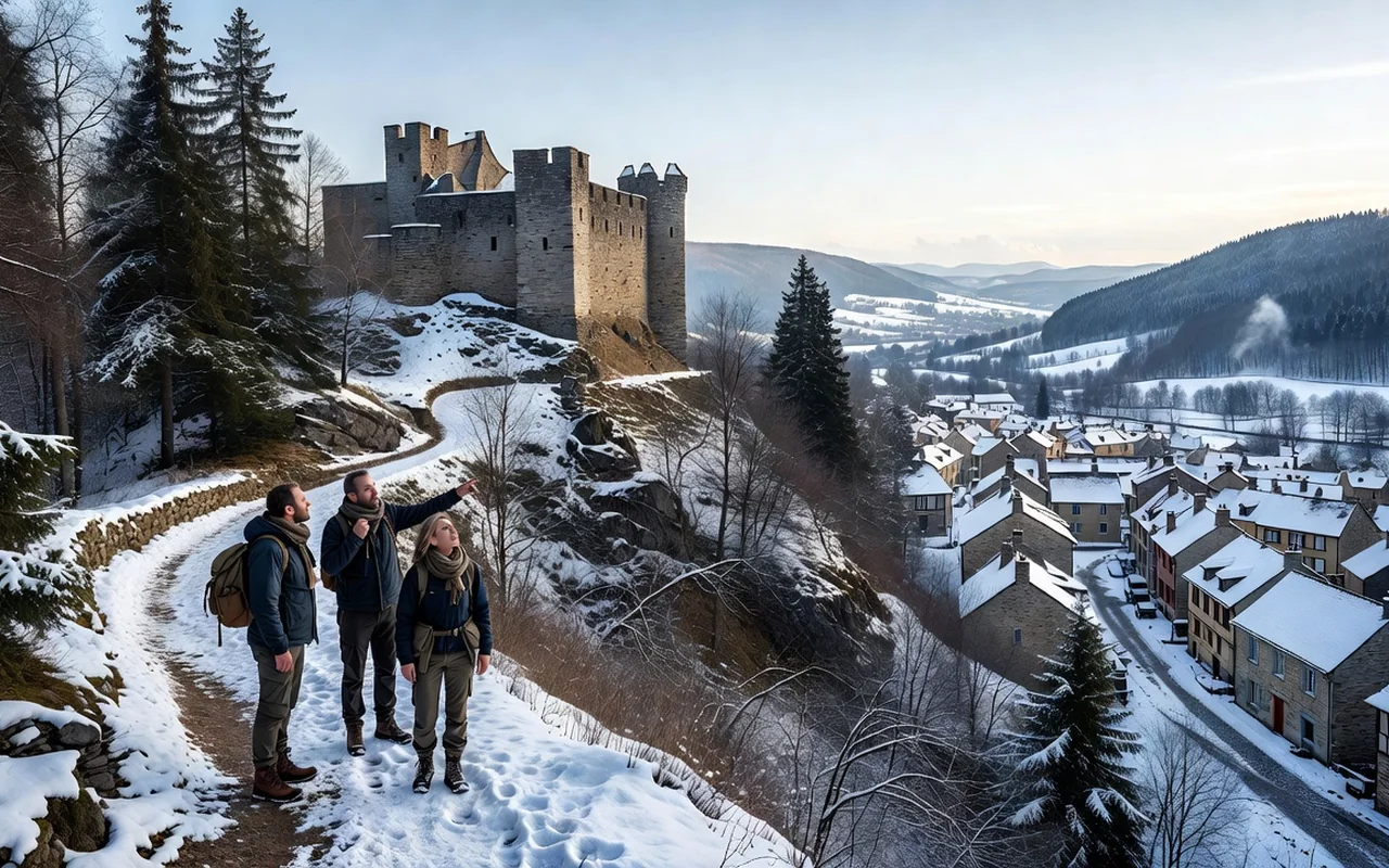 Fort militaire en pierre de taille sur une crête boisée dominant une vallée enneigée du Haut-Doubs