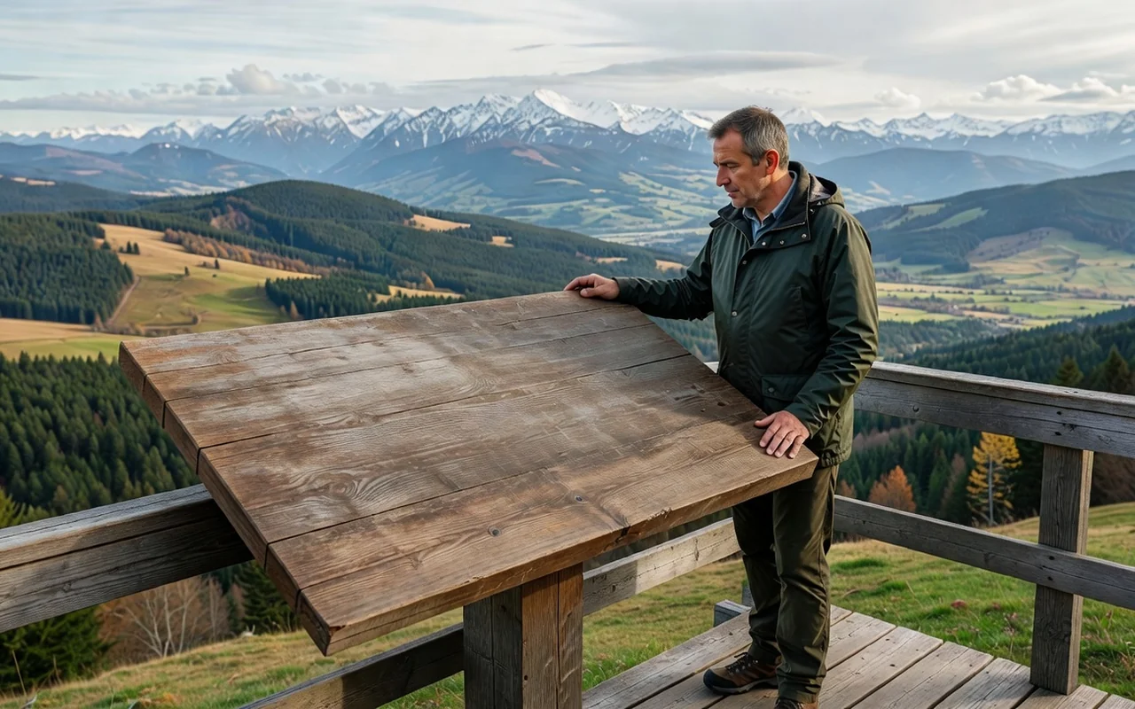 Randonneuse lisant un panneau d'interprétation patrimoniale sur un belvédère du mont Larmont