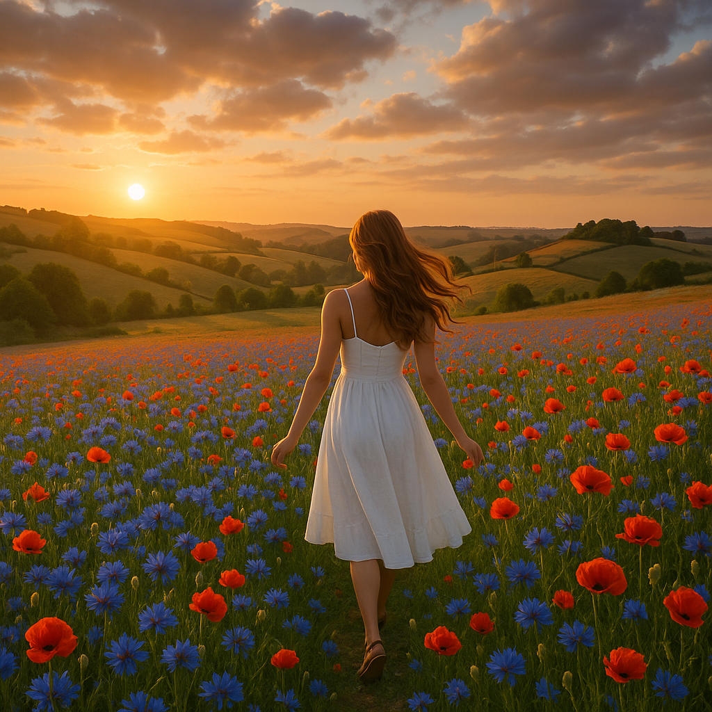 Champ de coquelicots et de bleuets sauvages dans la campagne française au crépuscule