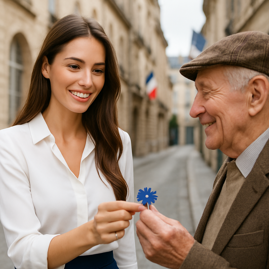 Jeune femme bénévole distribuant des bleuets de France dans une rue piétonne