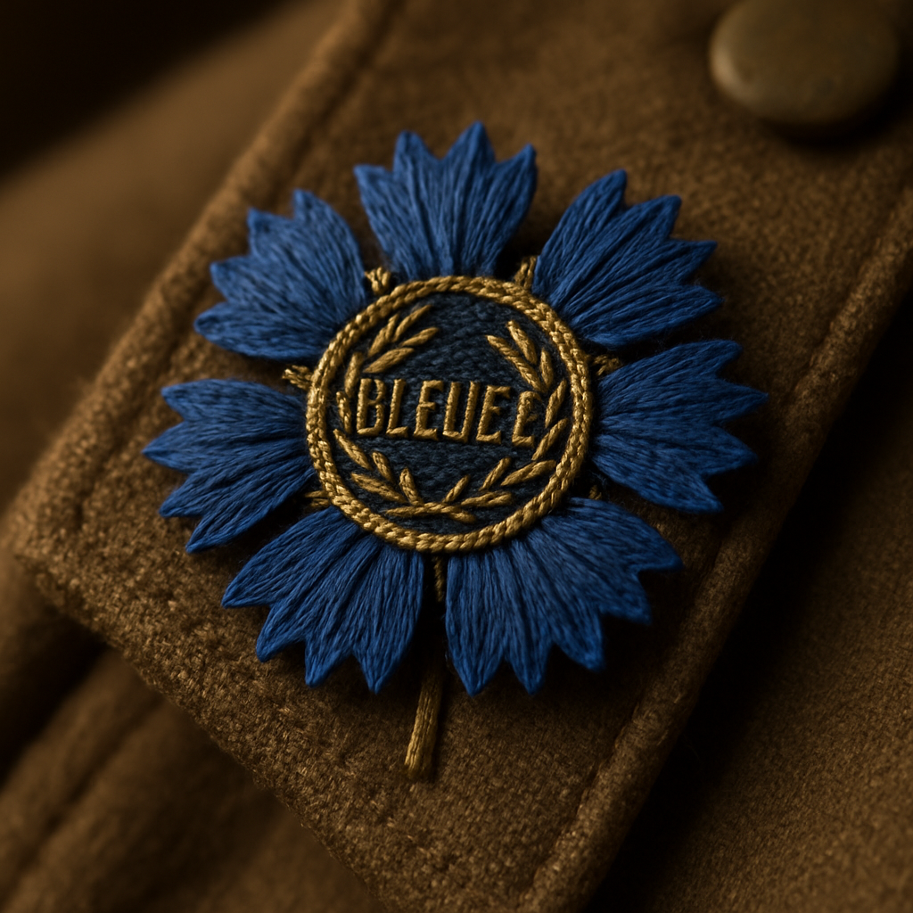 Insigne ancien du Bleuet de France porté sur la veste d'un vétéran
