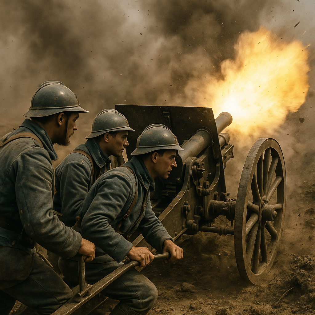 Batterie de canons de 75 en plein tir lors d'une offensive de 1917