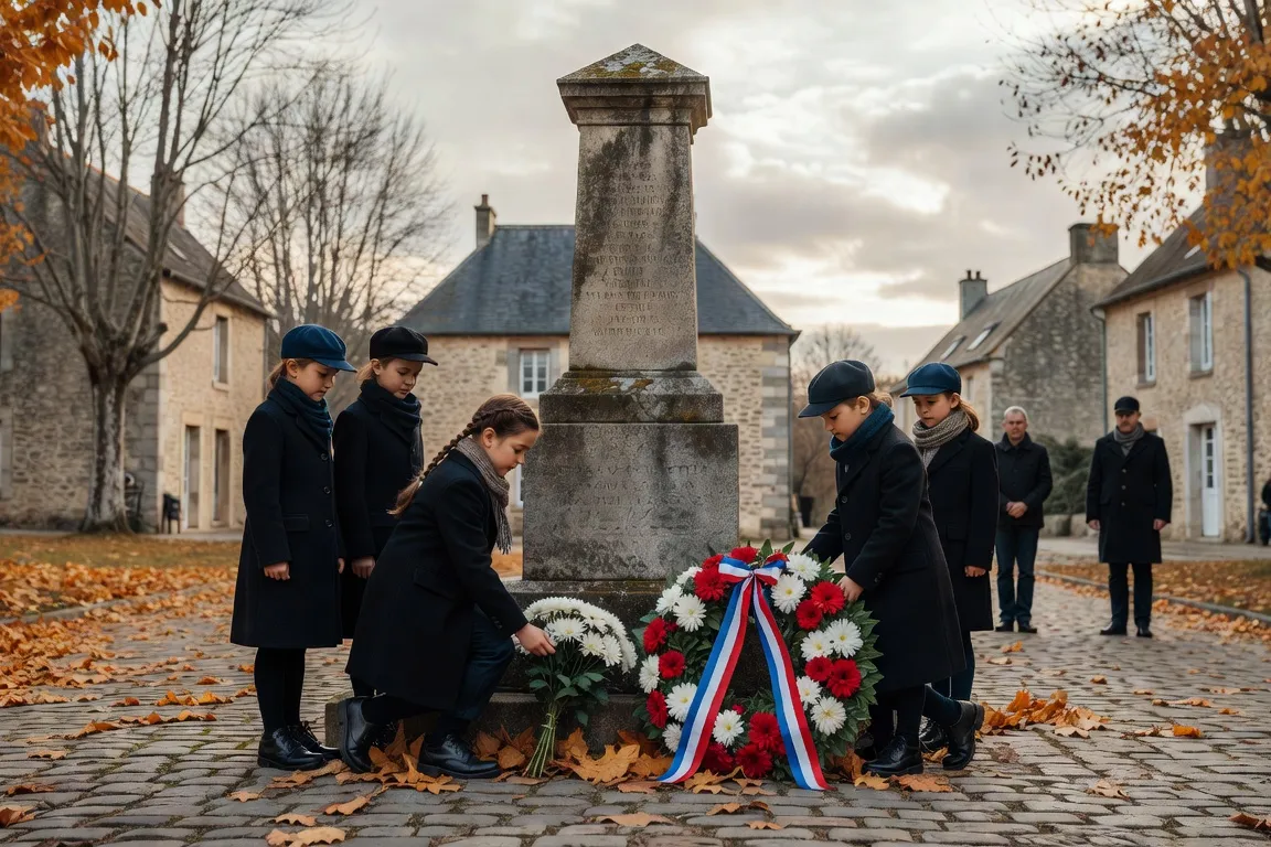 Cérémonie commémorative devant un monument aux morts dans un village du Doubs, enfants déposant des fleurs