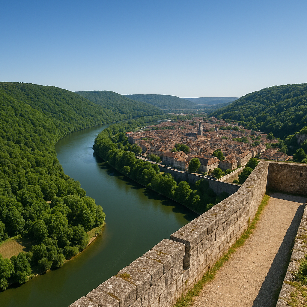 Vue panoramique de la Citadelle de Besançon et de la boucle du Doubs depuis les remparts