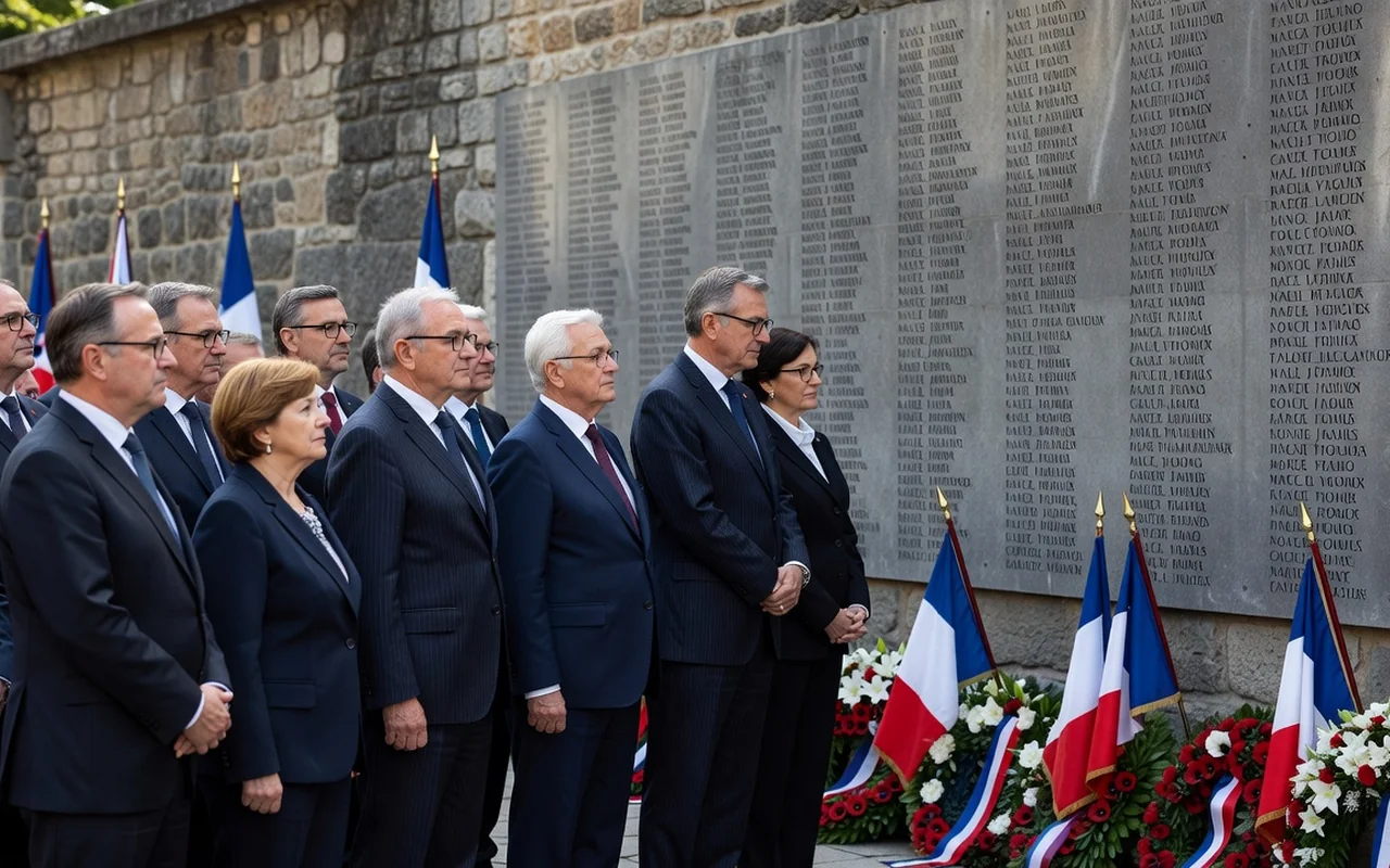 Adultes assistant à une cérémonie commémorative devant un mur de noms gravés en pierre