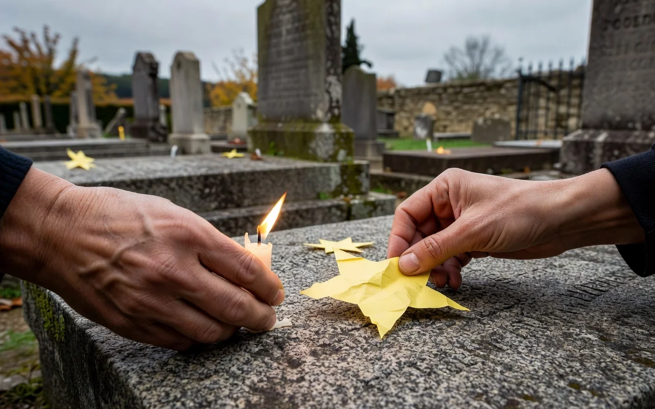 Mains déposant une bougie allumée et une étoile jaune en papier sur une pierre tombale en granit