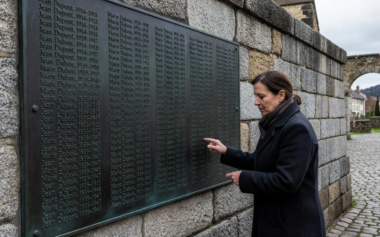Femme lisant les noms gravés sur une plaque commémorative en bronze d'un monument aux morts