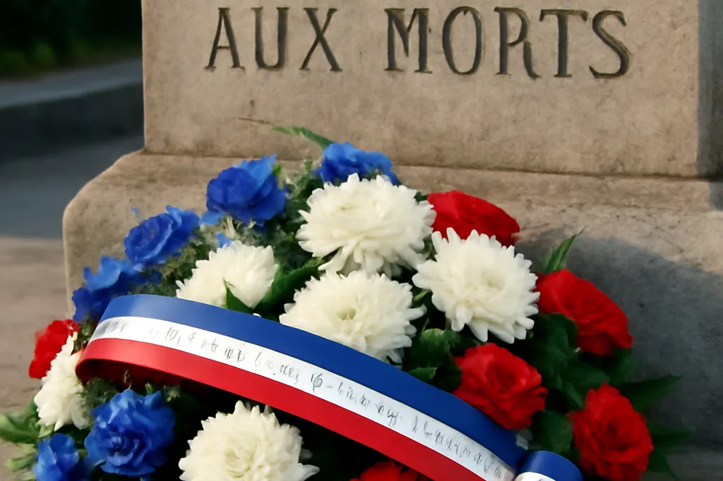 Gerbe de fleurs tricolores déposée au pied d'un monument aux morts