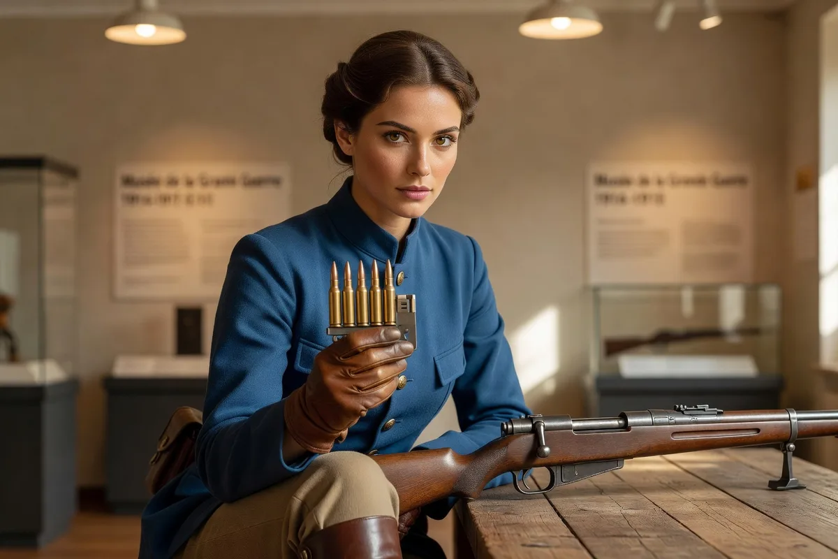 Femme présentant une lame-chargeur de fusil Berthier avec ses cartouches de 8 mm Lebel