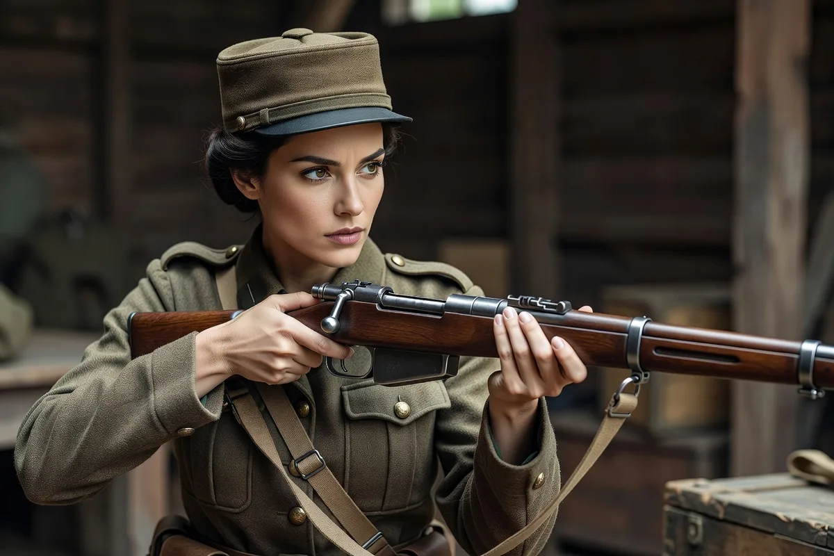 Femme en tenue de reconstitution manipulant la culasse d'un fusil Lebel modèle 1886