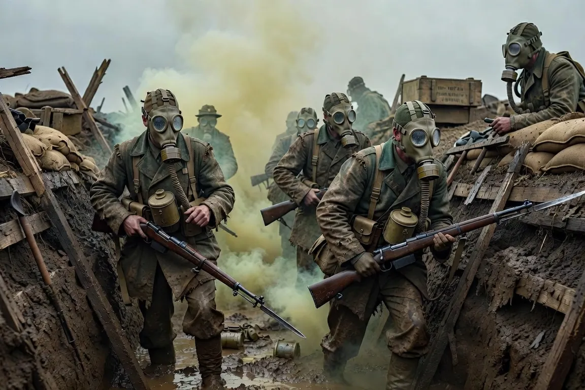 Soldats équipés de masques à gaz dans les tranchées, Première Guerre mondiale 1917