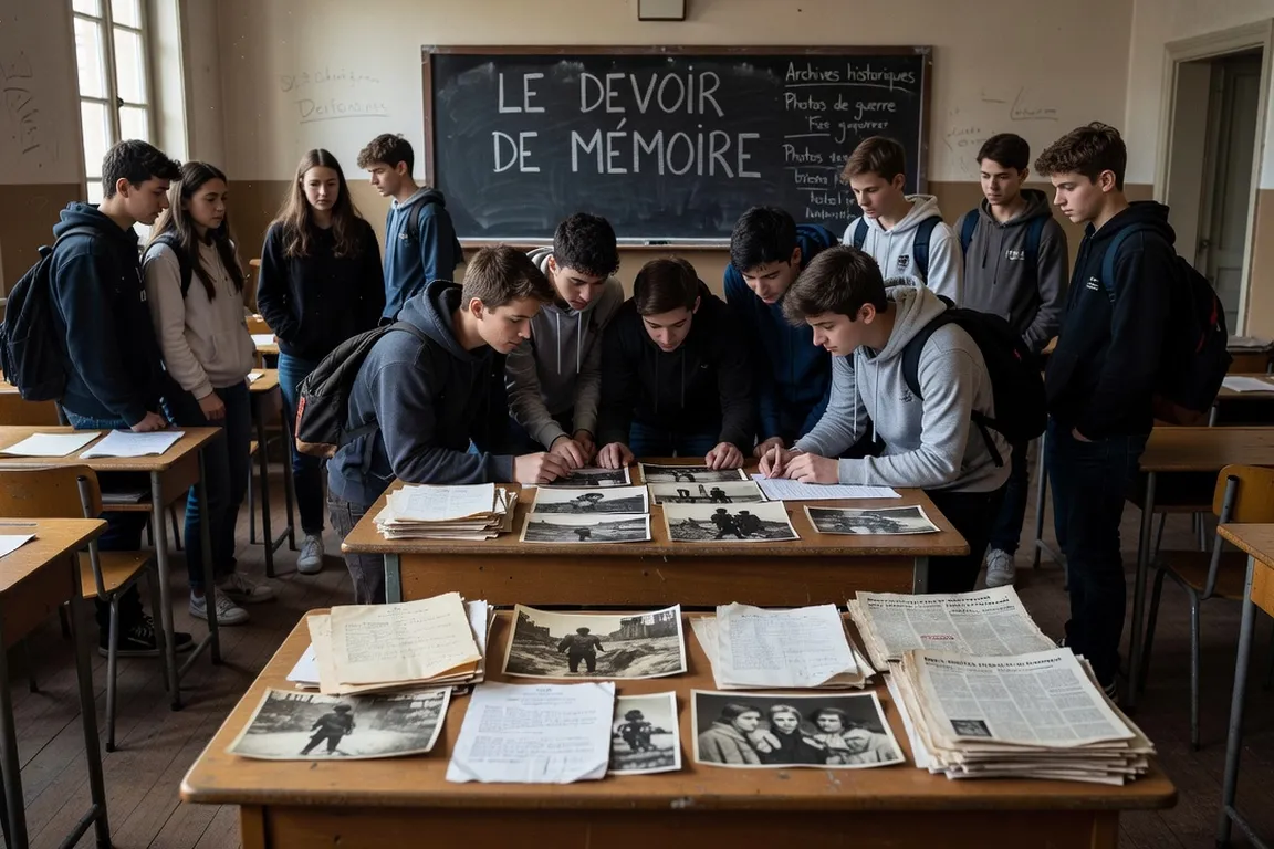 Salle de classe avec documents d'archives historiques, cours sur le devoir de mémoire au lycée