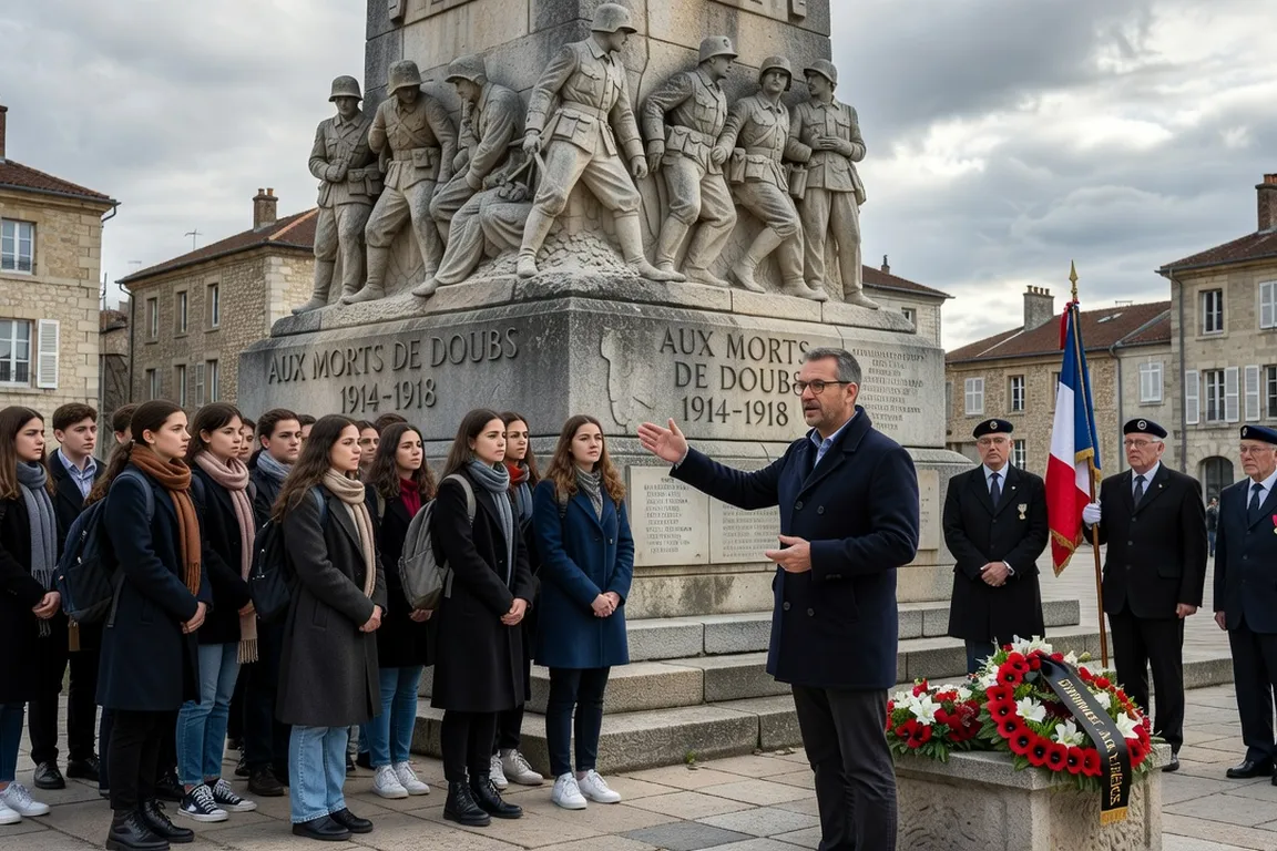 Visite d'un monument aux morts par des lycéens du Doubs, cérémonie du souvenir