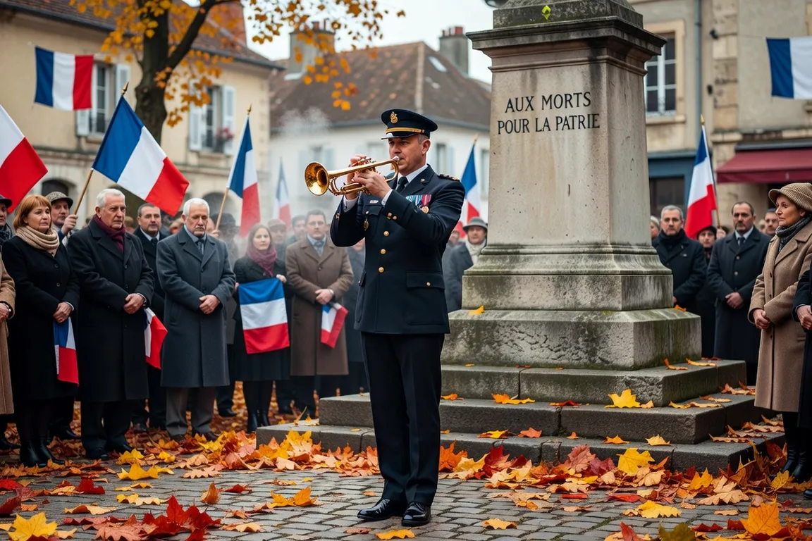 Cérémonie de l’armistice du 11 novembre, sonnerie aux morts devant un monument aux morts
