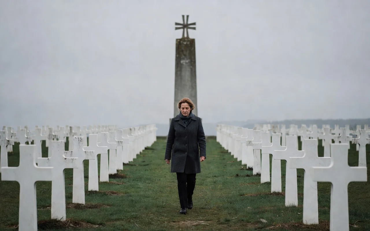 Femme marchant entre les tombes militaires d'un cimetière du Doubs