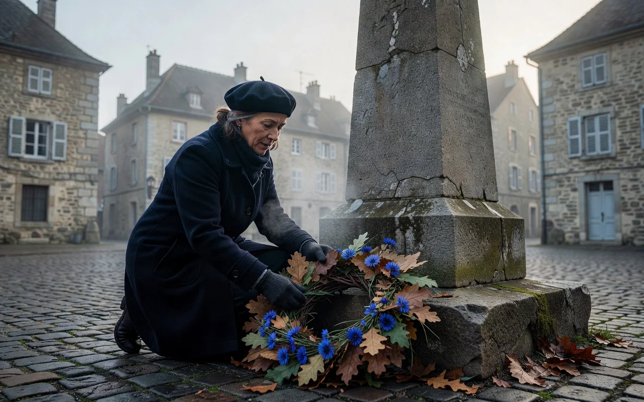 Femme déposant une gerbe au pied d'un monument aux morts du Doubs