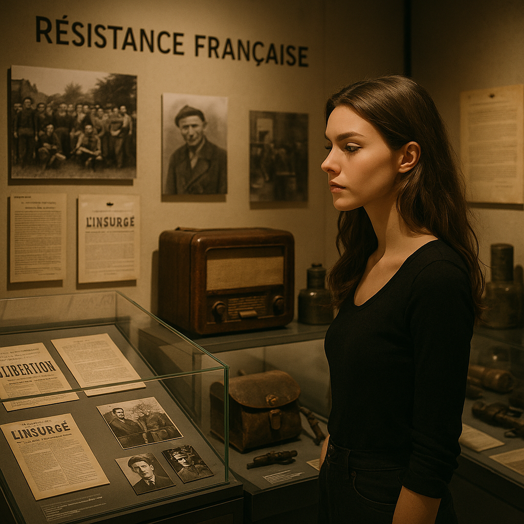 Salle d'exposition du musée de la Résistance avec photographies et objets personnels de résistants
