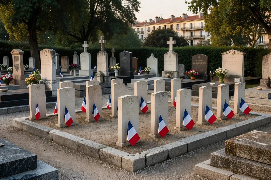 Carré militaire dans un cimetière communal français avec drapeaux tricolores