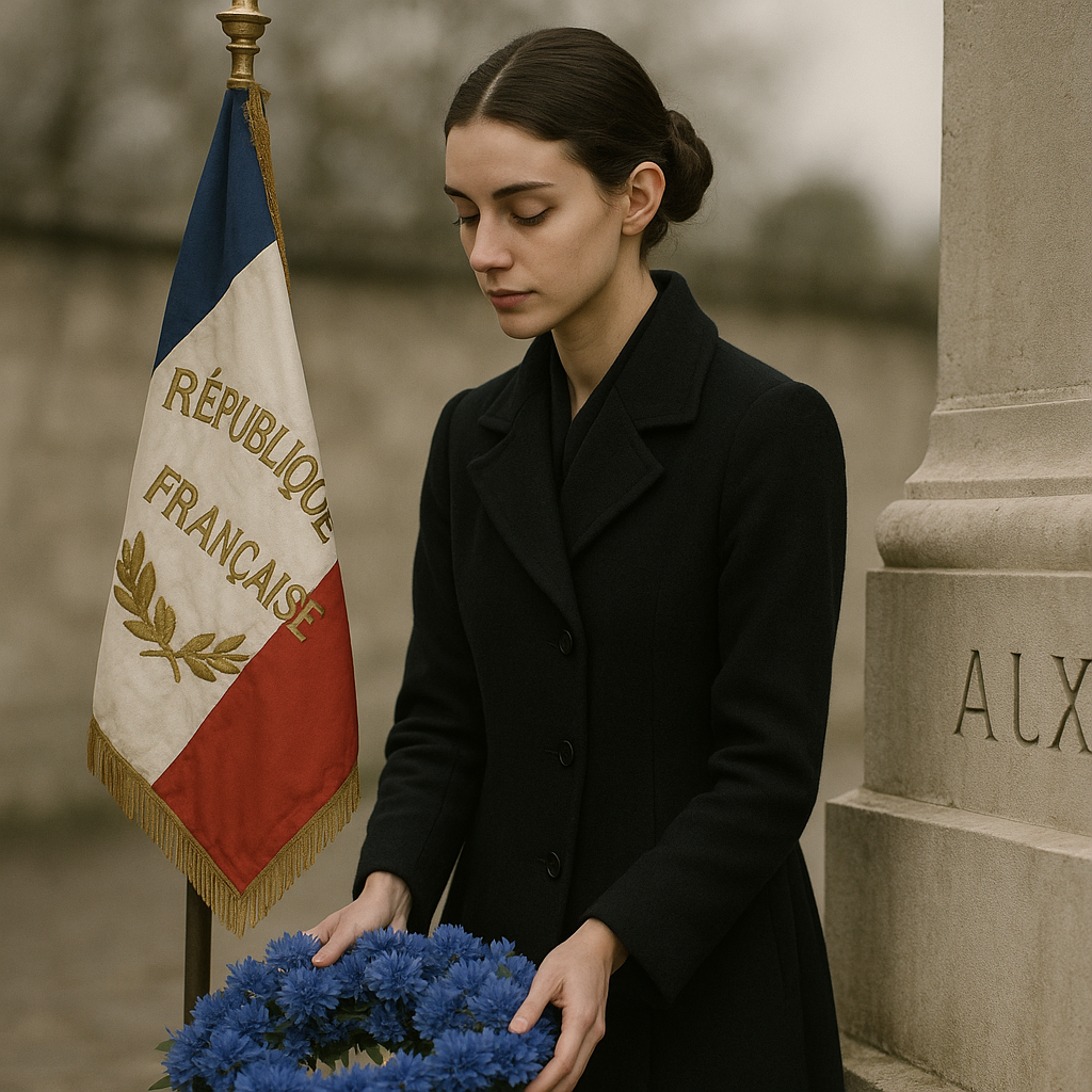 Jeune femme portant le drapeau régimentaire lors d'une cérémonie du 11 novembre