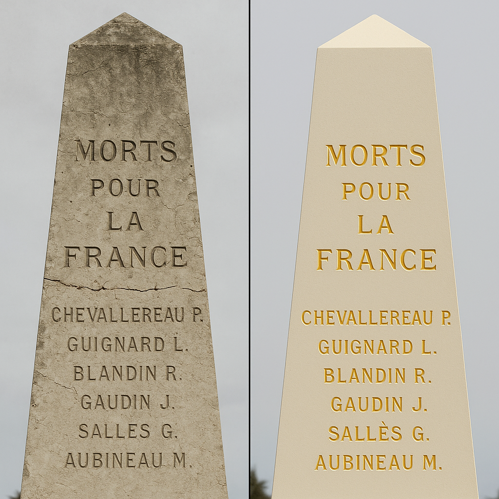 Monument aux morts avant et après restauration, avec nettoyage des inscriptions et réfection des dorures