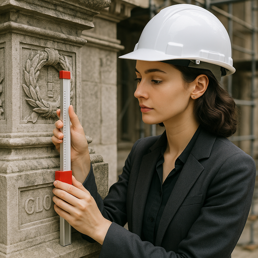 Architecte du patrimoine prenant des mesures sur un monument aux morts du XIXe siècle