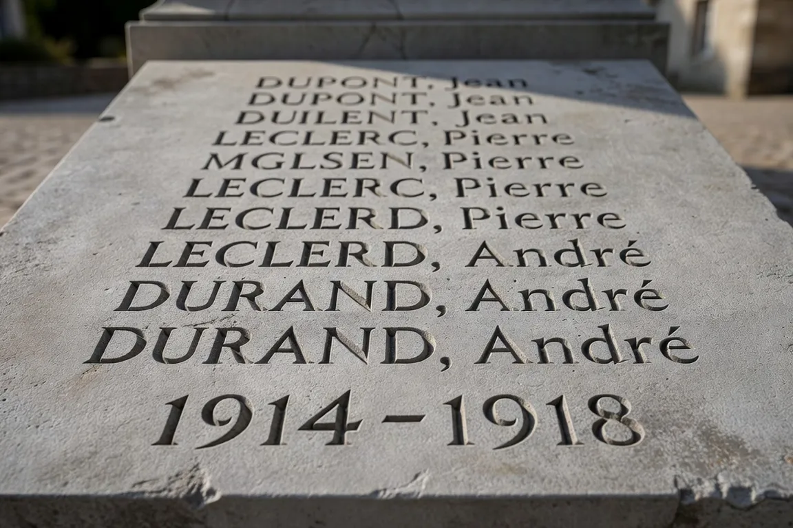 Noms gravés sur un monument aux morts du Doubs, pierre grise patinée par le temps
