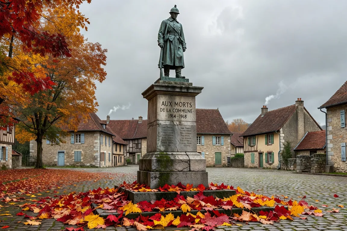 Monument aux morts dans un village du Doubs, place du village en automne