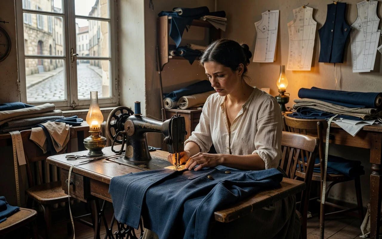 Couturière bisontine confectionnant une capote bleu horizon dans un atelier de 1915