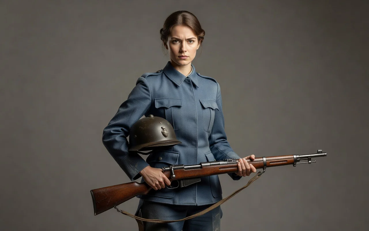 Femme en uniforme bleu horizon tenant un casque Adrian et un fusil Lebel