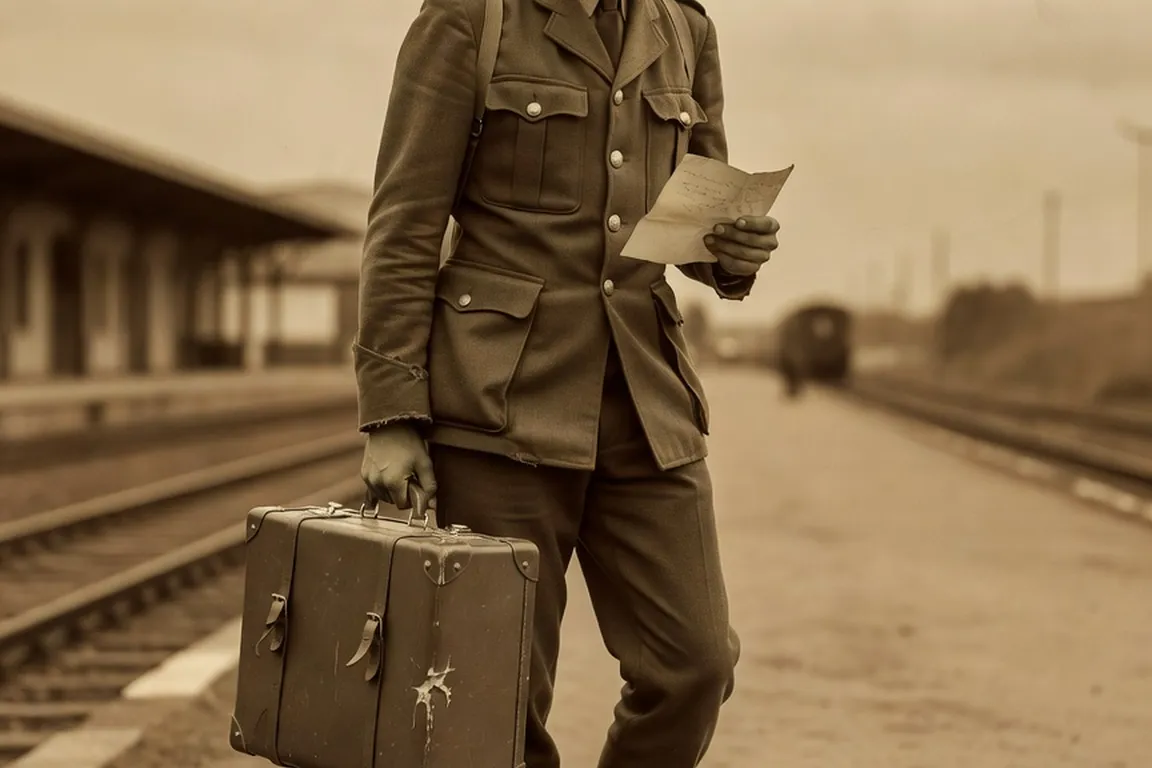 Photo ancienne stylisée d'un jeune appelé du contingent en Algérie, valise et lettre à la main