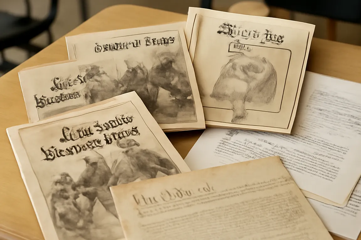Kit pédagogique avec livrets et documents historiques posés sur un bureau d'école