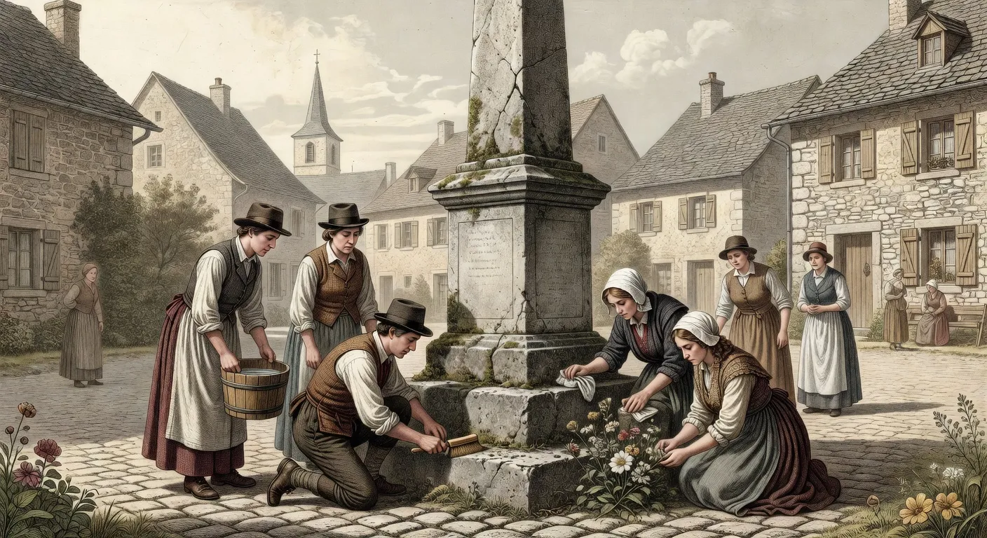 Entretien d'un monument aux morts par un comite local du Souvenir Francais dans le Doubs