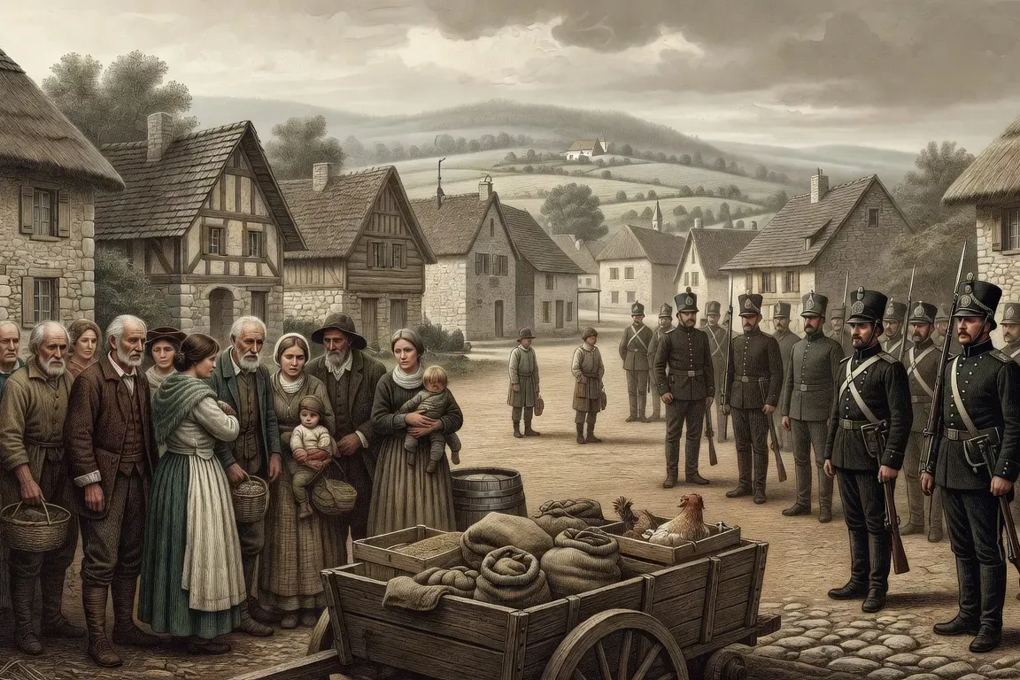 Scene de requisition dans un village franc-comtois en 1814, soldats allies et villageois