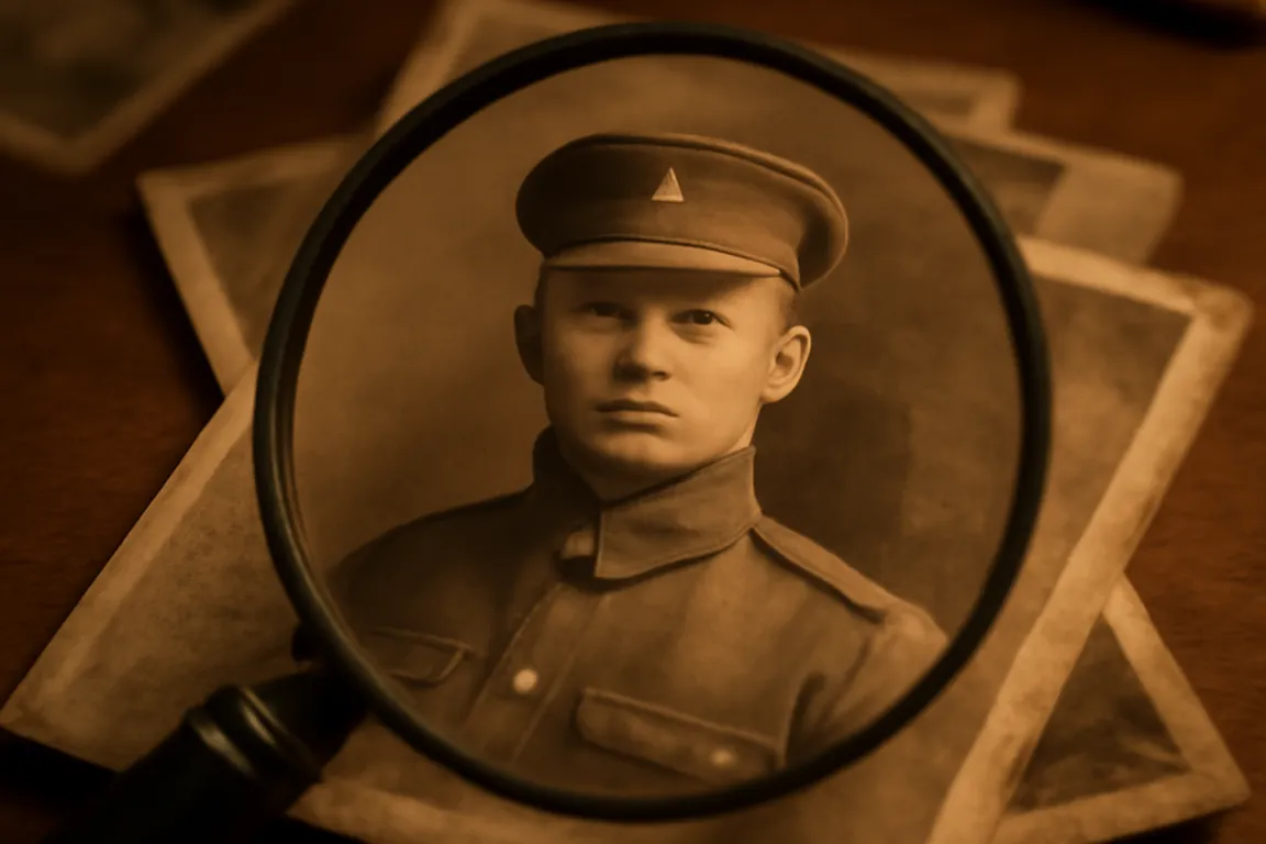 Loupe posée sur une photographie ancienne de soldat en uniforme, ambiance recherche généalogique