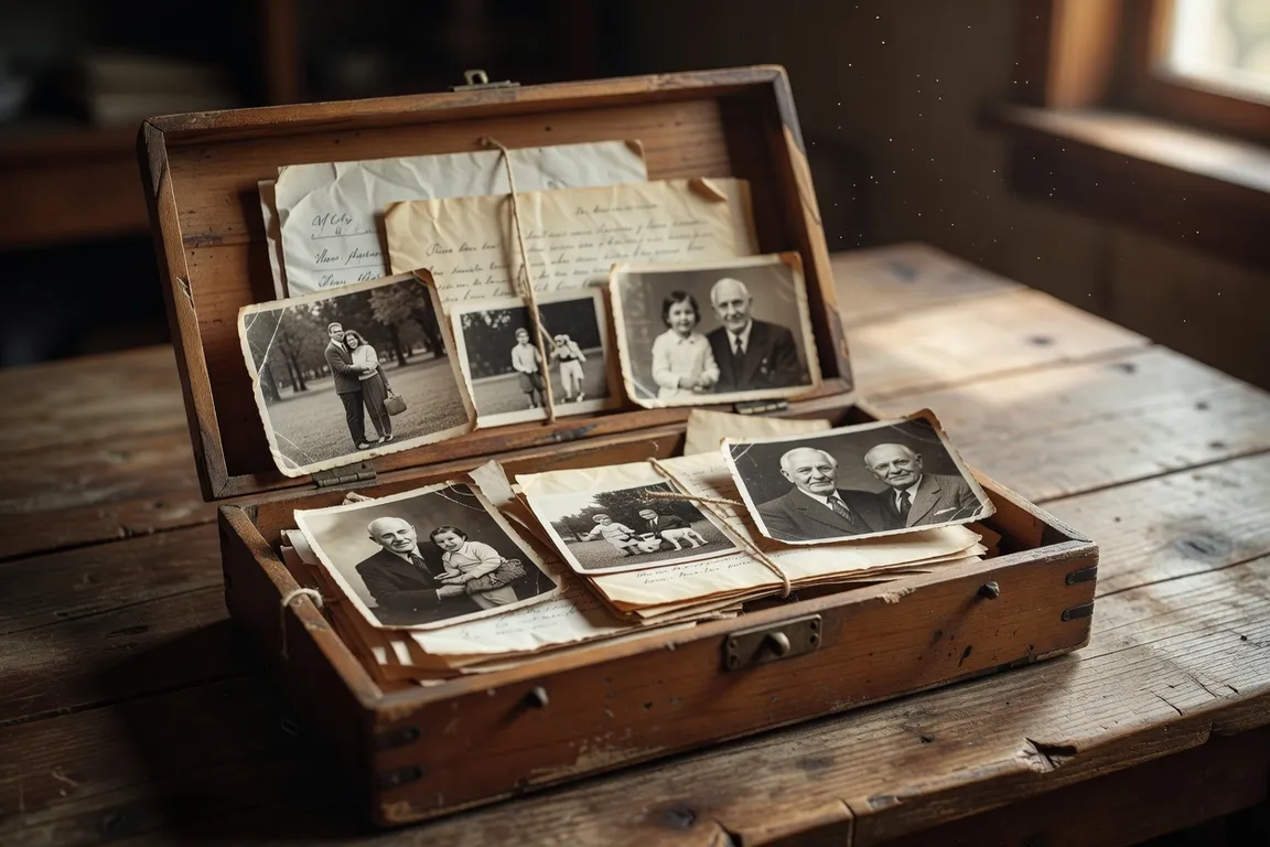 Boîte de correspondance et photographies familiales anciennes posée sur une table