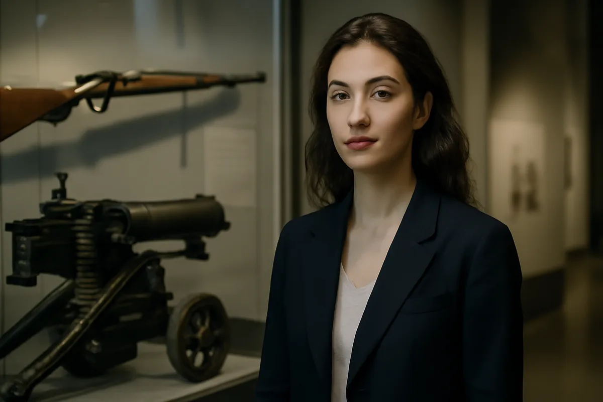 Conservatrice de musée près d'une vitrine présentant un fusil et une mitrailleuse allemands de la Première Guerre mondiale