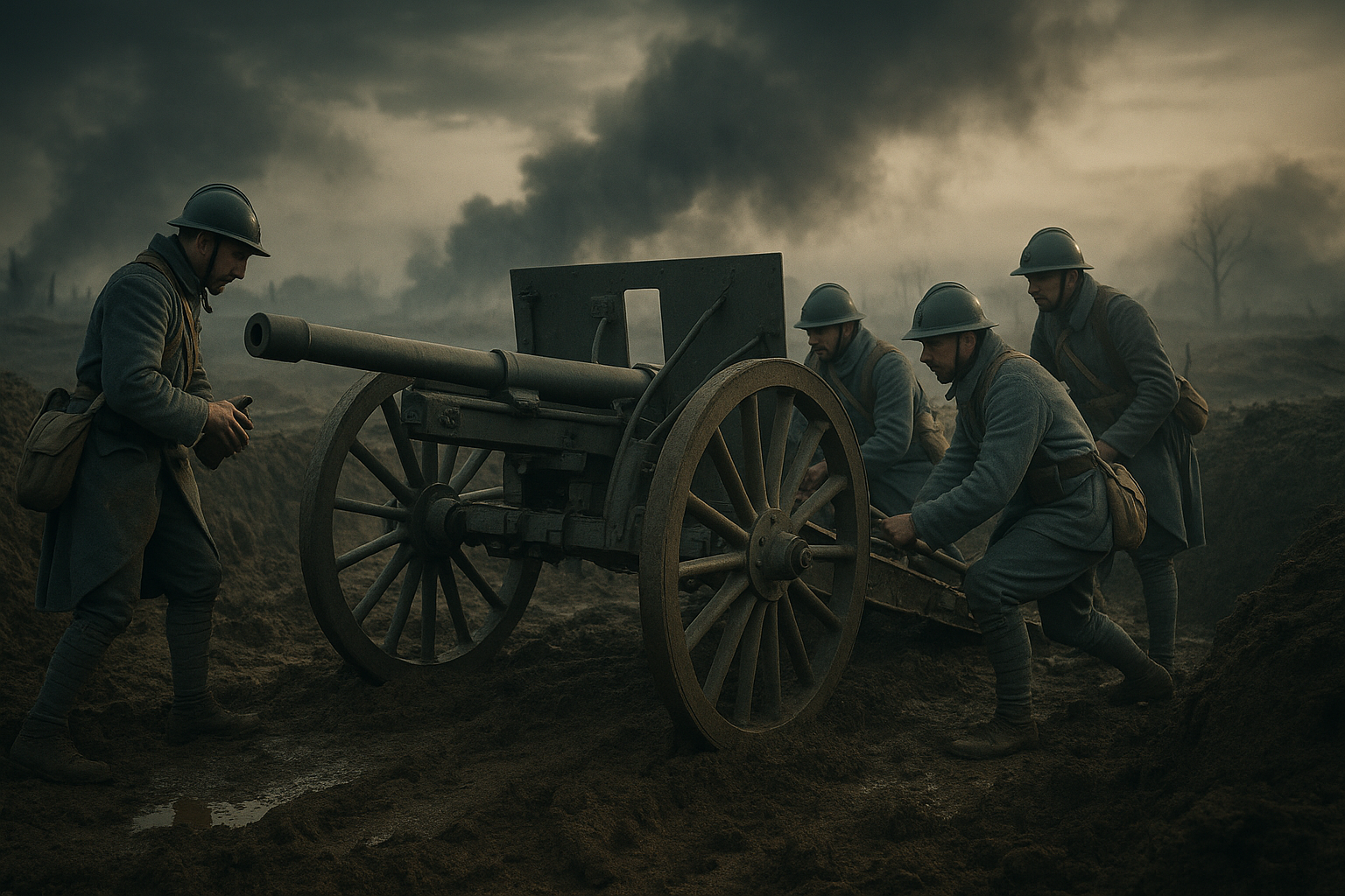 Canon de 75 modèle 1897 en position de tir sur le front de la Grande Guerre