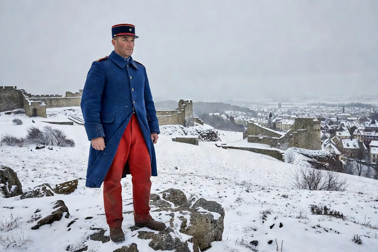 Reconstituteur en uniforme de soldat français de 1871 sur le plateau du mont Larmont dominant Pontarlier sous la neige