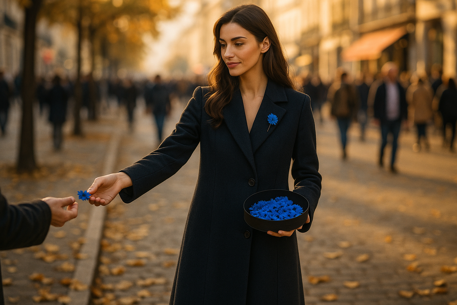 Jeune femme distribuant des bleuets de France lors de la commémoration du 11 novembre