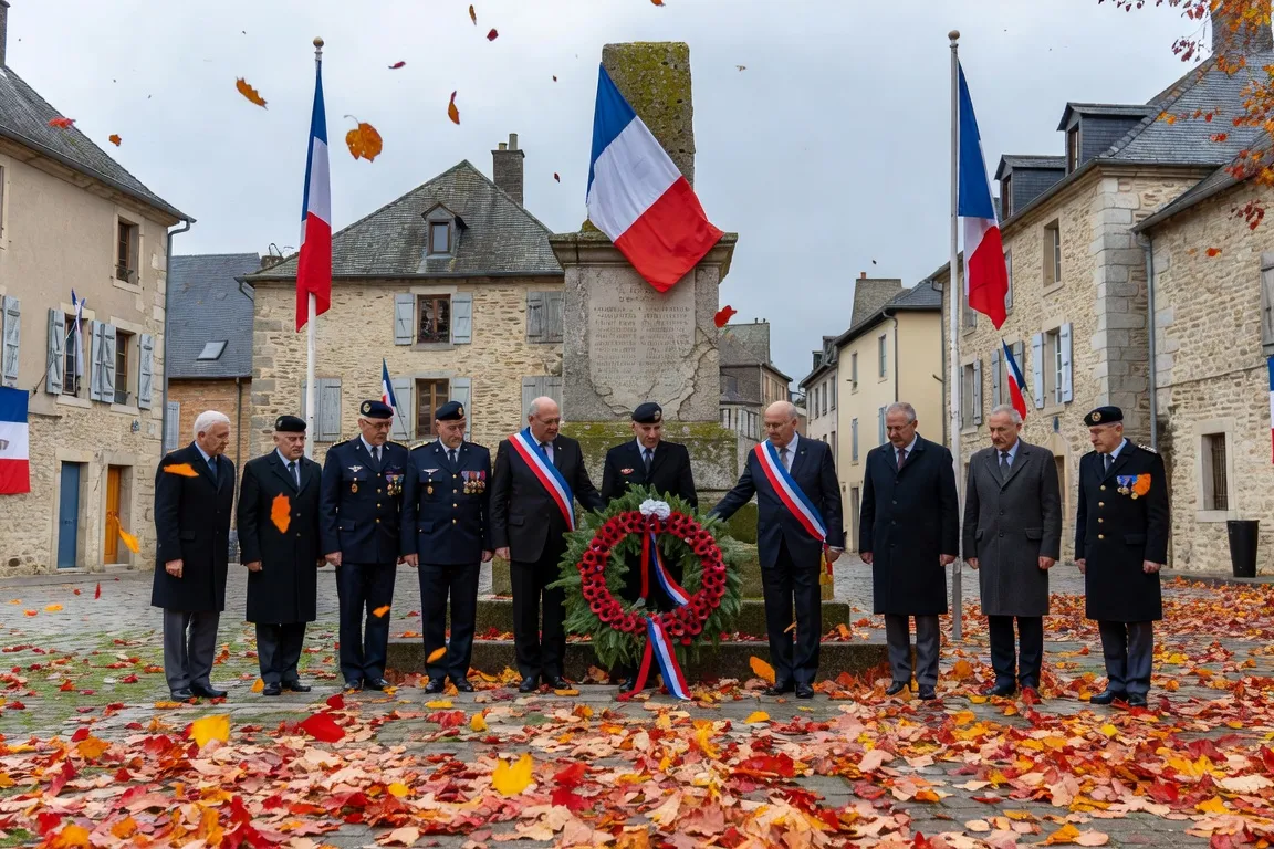 Cérémonie du 11 novembre au monument aux morts dans le Doubs, dépôt de gerbes