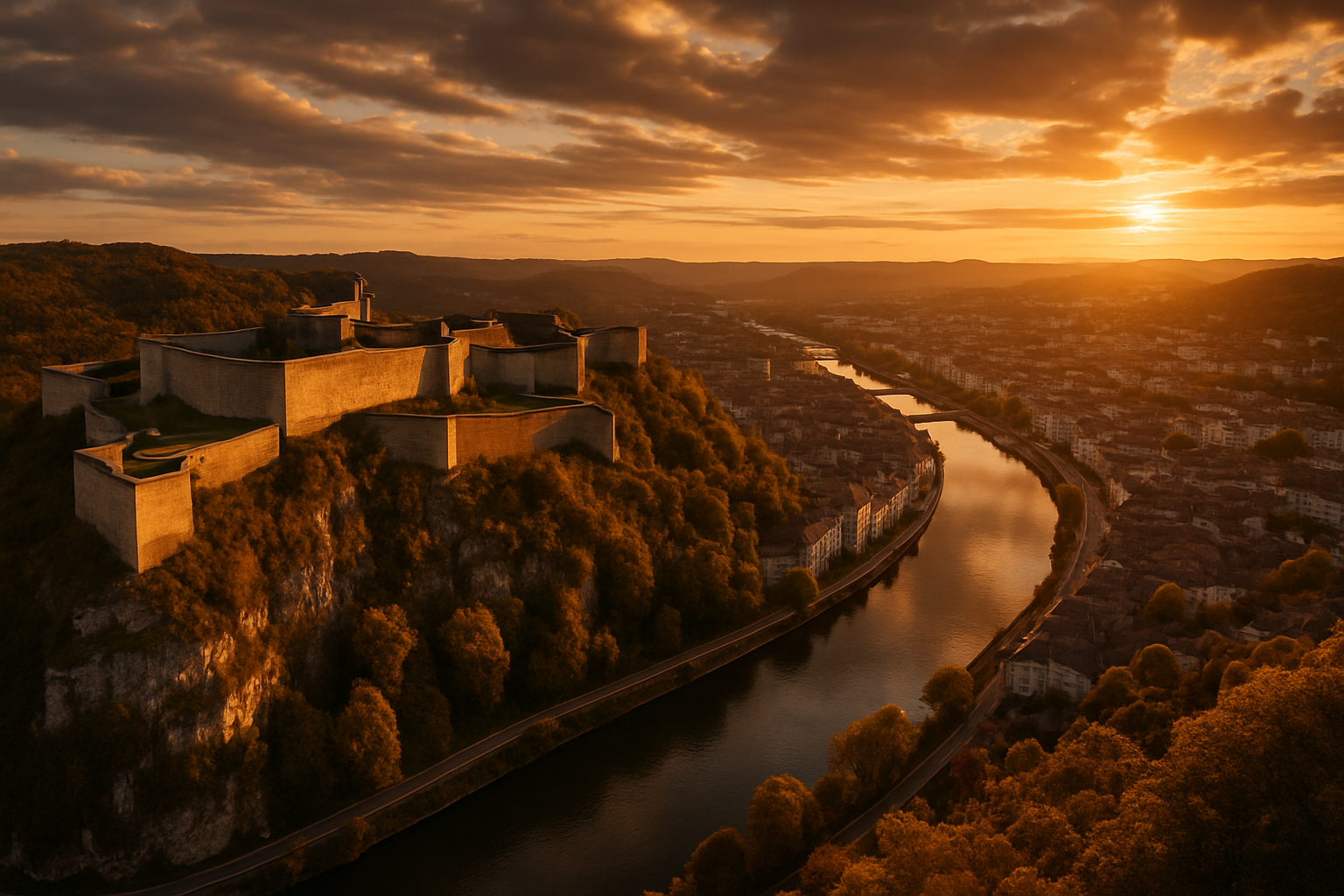 Vue panoramique de la Citadelle de Besançon dominant la boucle du Doubs au crépuscule