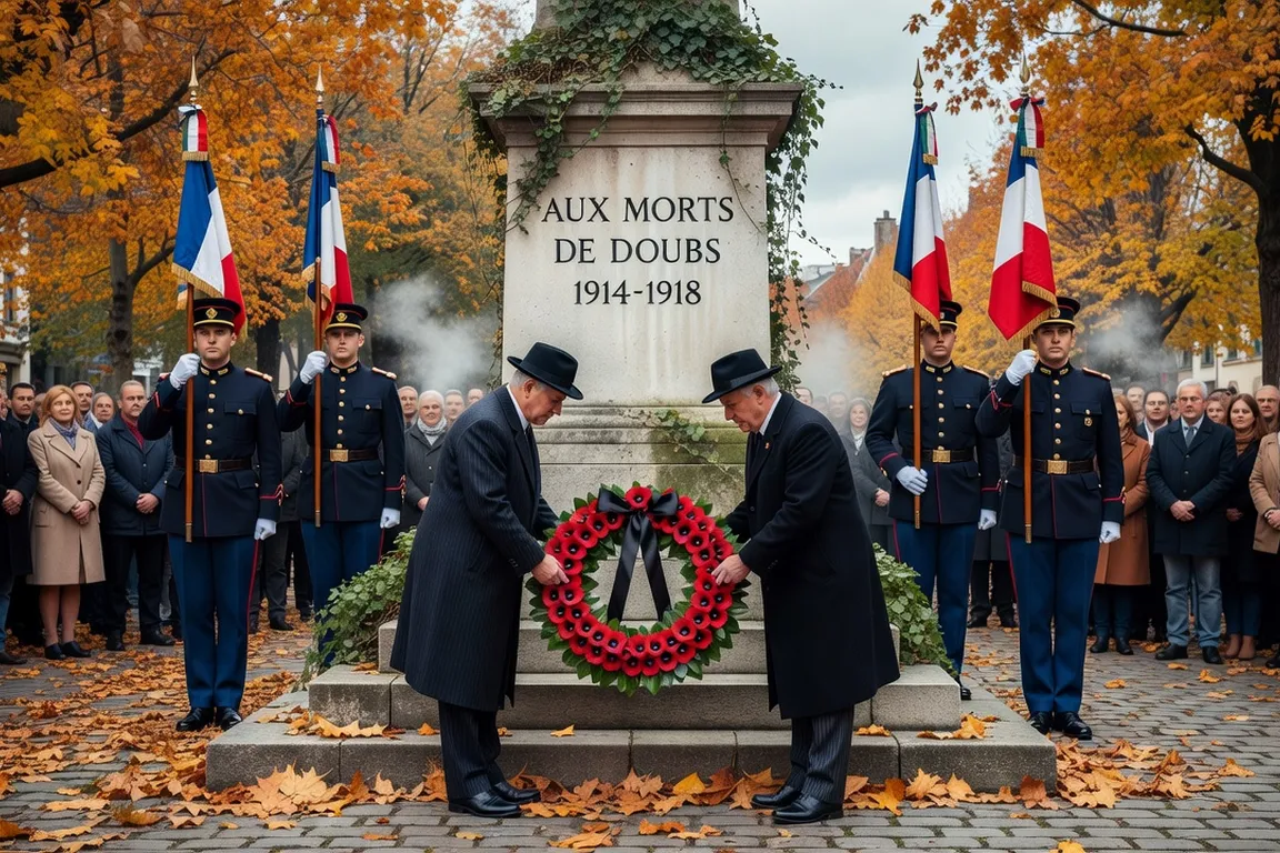 Cérémonie commémorative du 11 novembre dans le Doubs, dépôt de gerbe au monument aux morts