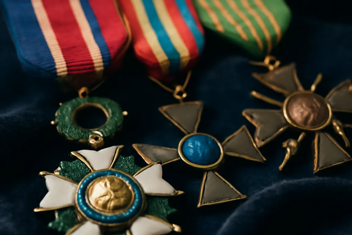Médailles militaires françaises et rubans colorés sur un tissu bleu marine