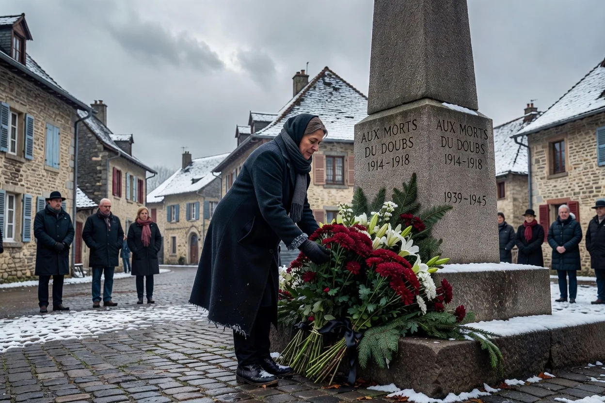 Femme déposant une gerbe devant un monument aux morts en granit du Doubs lors d'une cérémonie du souvenir