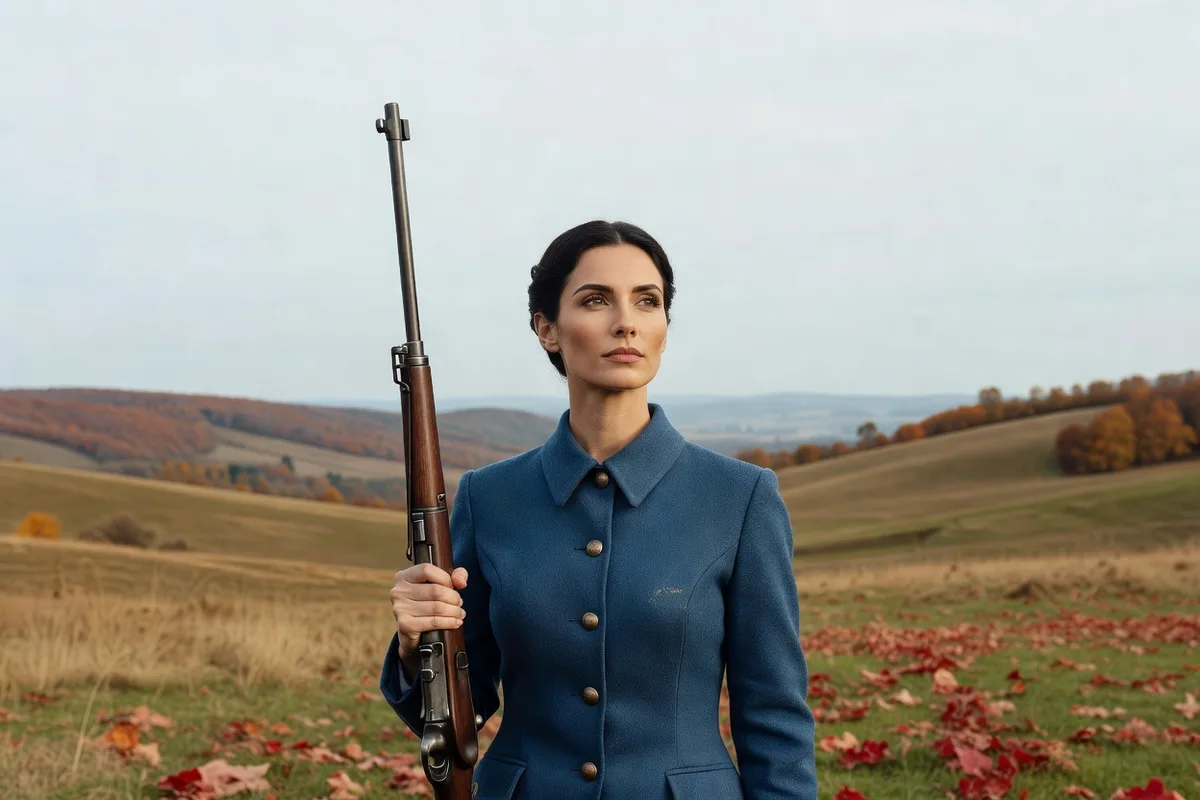 Jeune femme en tenue de reconstitution historique tenant un fusil Lebel modèle 1886 devant un paysage franc-comtois