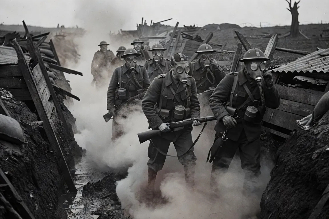 Soldats équipés de masques à gaz pendant la Première Guerre mondiale, tranchées de Franche-Comté