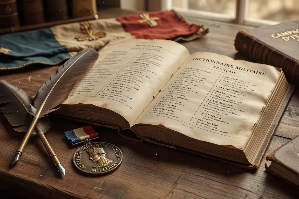 Livre ouvert avec terminologie militaire et mémorielle française, patrimoine combattant